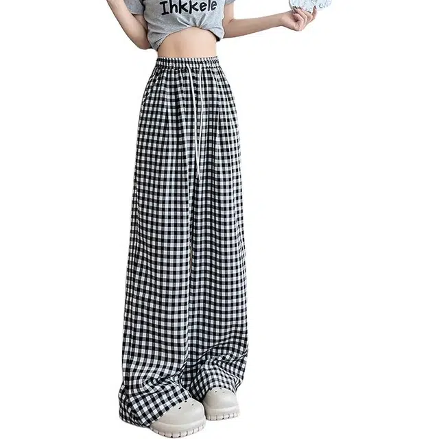 纤丝鸟 美式复古格子设计感宽松长裤直筒阔腿拖地格纹裤休闲裤 女款