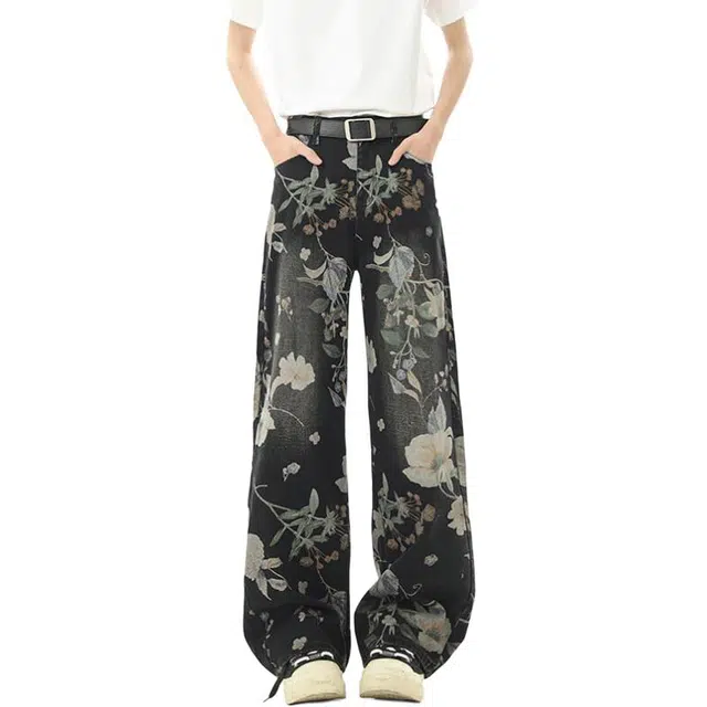 沃马 美式高街印花宽松直筒学院风流行弯刀水洗做旧长裤牛仔裤 男女同款