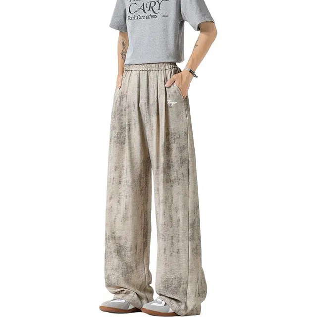 煦加 薄款慵懒风冰丝垂感凉感顺滑舒适时尚百搭水墨画扎染阔腿休闲裤 男女同款