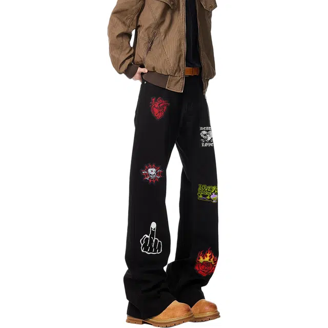 物质公式 美式高街复古潮牌水洗做旧微喇叭休闲裤时尚个性创意图案设计长裤牛仔裤 男女同款