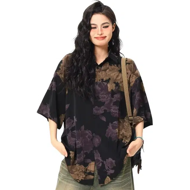 半空山 新中式高街古着花卉满印扎染设计垂感慵懒宽松透气休闲百搭短袖衬衫 男女同款