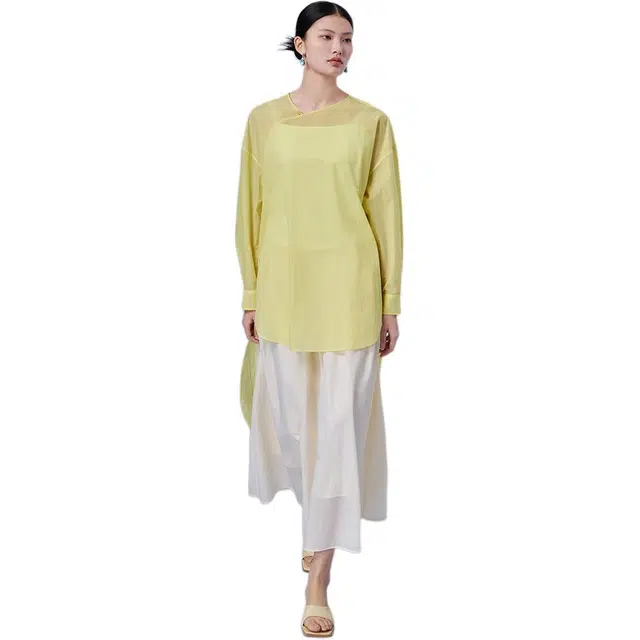 艾莱依 纯色斜领宽松中长款防晒长袖衬衫 女款