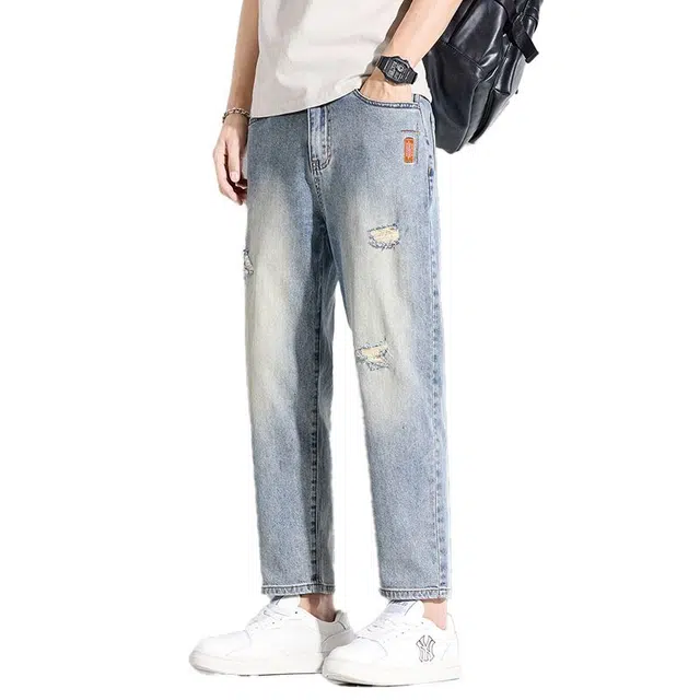 童先森 破洞美式潮牌宽松直筒休闲牛仔裤 男款