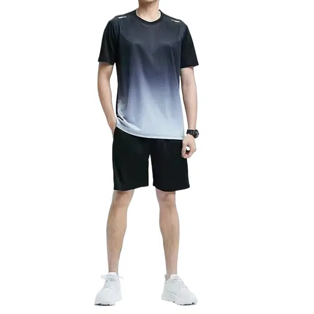 玉儿恋 渐变薄款速干跑步短袖篮球训练透气五分短裤健身套装 男款