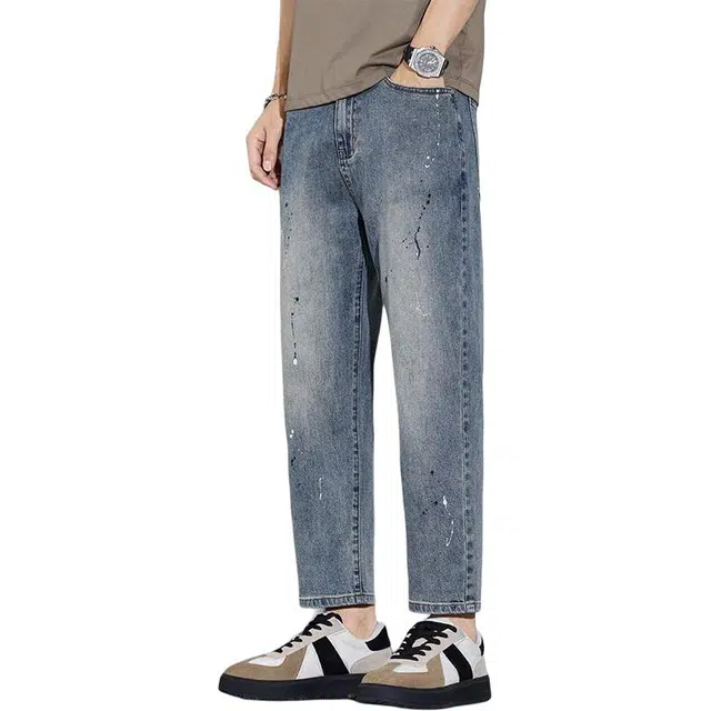 隐狼世家 泼墨潮牌宽松直筒高街美式潮流帅气薄款九分裤子牛仔裤 男款