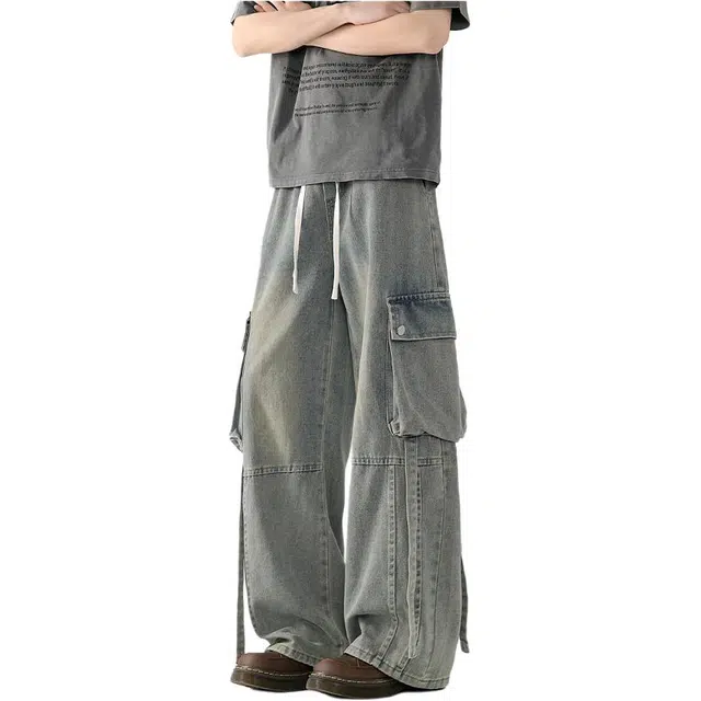 沃马 美式高街宽松弯刀水洗做旧流行简约牛仔裤 男女同款