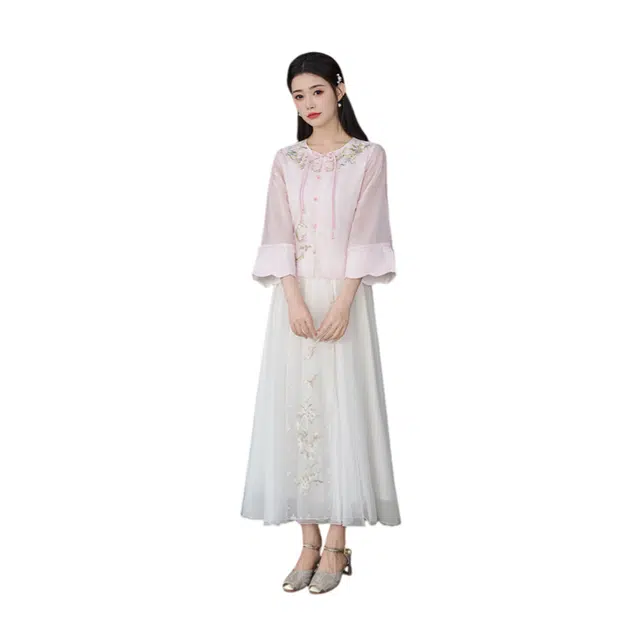 荟萃阁 新中式汉服立领重工刺绣花边袖盘扣上衣搭配提花半身裙裙装套装 女款