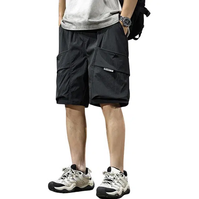 前进牛 美式城市慵懒潮牌水洗绵纶速干运动潮流多口袋中裤宽松直筒五分裤休闲短裤 男女同款