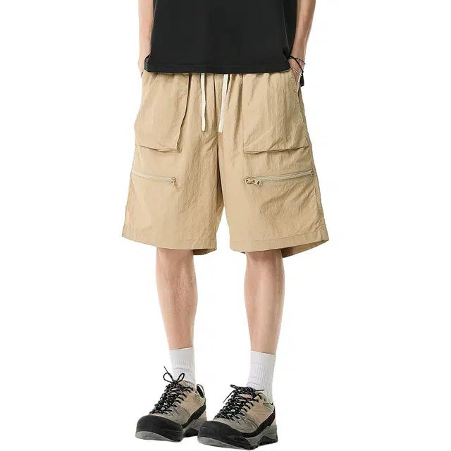 米素力 速干流氓卡其色纯色中腰五分裤工装短裤 男款