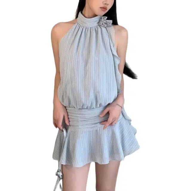 苏九儿 挂脖设计夏季短裙法式辣妹感气质条纹裙子无袖连衣裙 女款