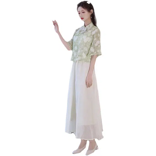 丝絮丝绸 新中式简约复古文艺民国风旗袍两件套裙装套装 女款