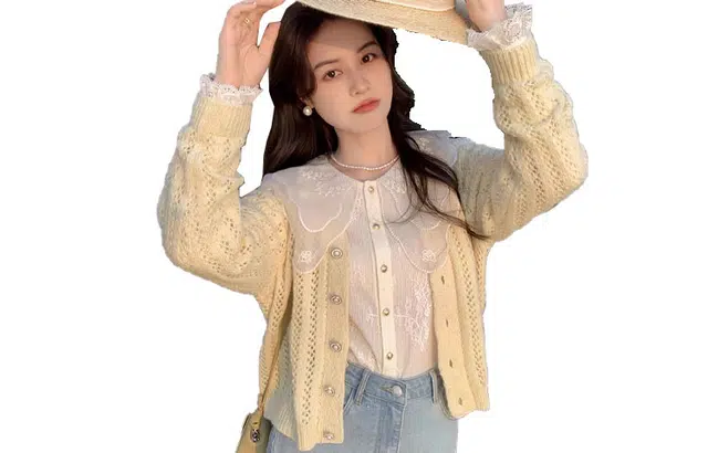 花栗鼠小姐 蕾丝花边长袖衬衫纯色镂空针织衫外套衬衫套装 女款