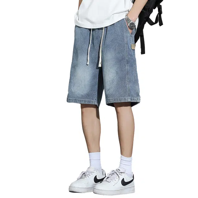 顶峰保罗 美式潮流无性别主义潮牌薄款透气宽松休闲五分显高弹力松紧腰百搭透气直筒牛仔短裤 男女同款