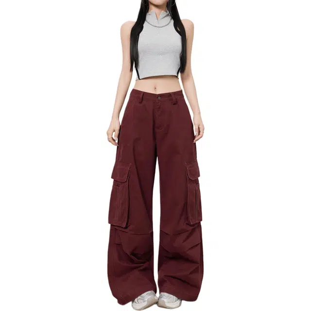 玫丝朵 美式中性复古多口袋拼接机能风宽松辣妹低腰直筒阔腿工装裤 女款
