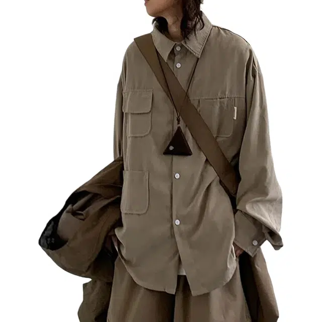 冈哉 日系重磅多口袋不规则设计衬衣高级感潮流舒适痞帅百搭透气宽松休闲垂感直筒翻领落肩纽扣开衫长袖衬衫 男女同款