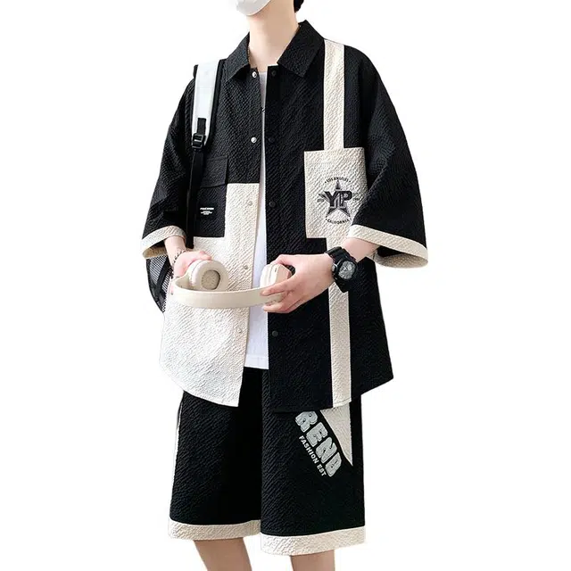 帝狼牛 新中式时尚透气休闲上衣与五分裤衬衫套装 男女同款