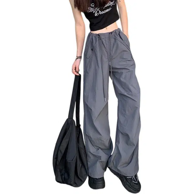 敲模女孩 美式辣妹阔腿宽松雅痞感拖地运动风薄款工装休闲裤 女款