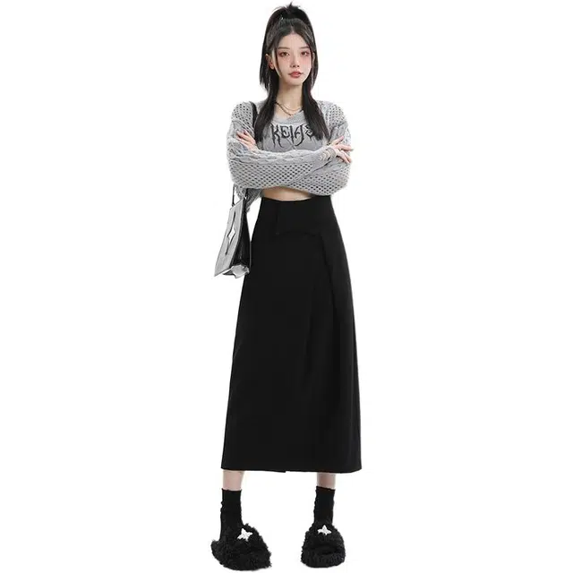 玫丝朵 黑色高腰西装裙显瘦开叉翻边极简风纯色中长款包臀裙休闲长裙 女款