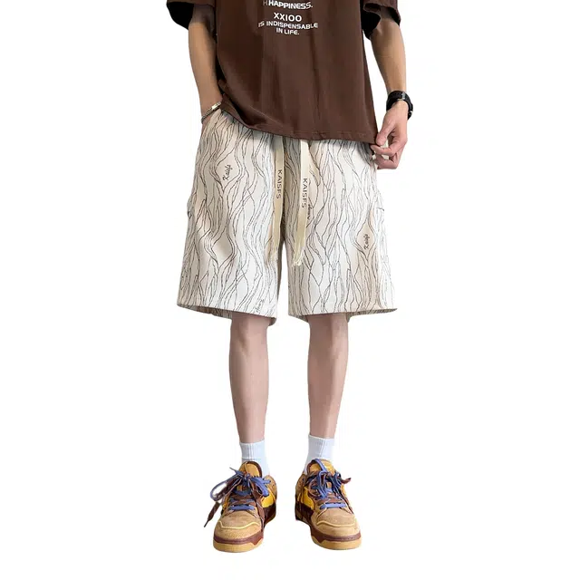 哲源 美式高街潮流时尚树皮纹中腰运动痞帅设计系带满印宽松凉感百搭舒适亲肤五分休闲短裤 男女同款