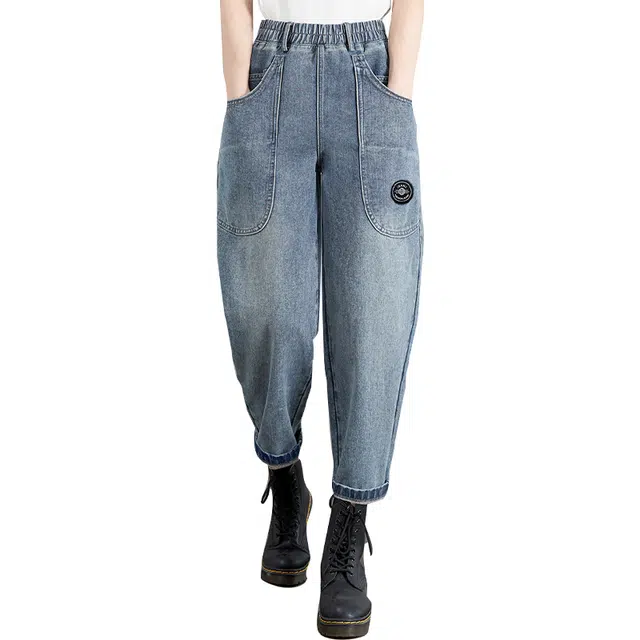 她池 高腰宽松九分舒适哈伦裤牛仔裤 女款 浅蓝色