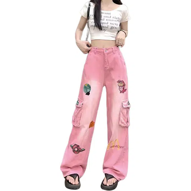 怪力萝莉 美式复古卡通刺绣高街设计感宽松直筒工装裤 女款