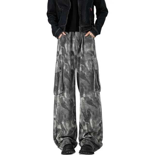 沃马 美式高街扎染褶皱弯刀水洗做旧牛仔裤 男女同款