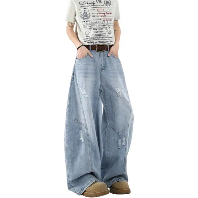 宝米卡 美式中性破洞弯刀潮牌设计感宽松解构百搭长裤牛仔裤 男女同款