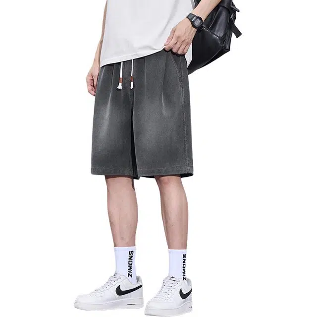 协协乐 凉感透气高街宽松直筒美式潮牌休闲五分裤子牛仔短裤 男款