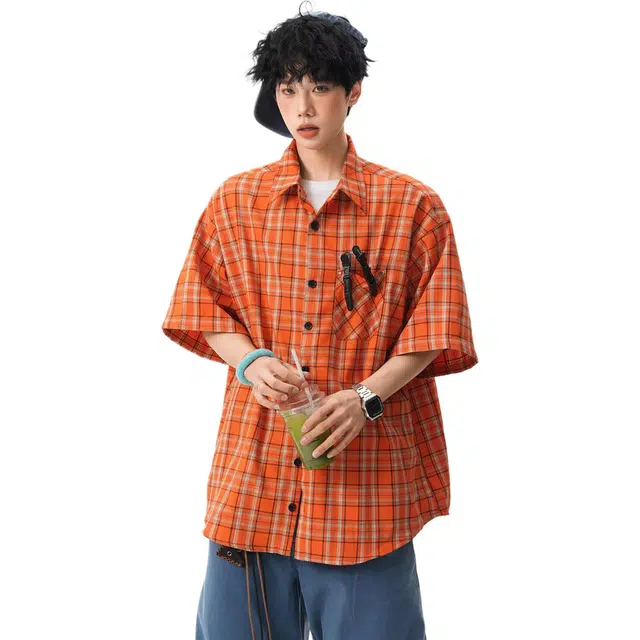 拾个壹先生 韩版美式小众潮流格子短袖衬衫 男款