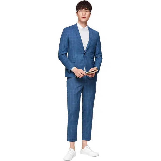 才子 商务正装绅士简约格子休闲一粒扣西装套装 男款 蓝色