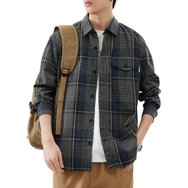 贵色 百搭潮牌翻领薄料舒适透气休闲衬衣外套男日系咔叽复古水洗时尚痞帅复古格子长袖衬衫 男女同款