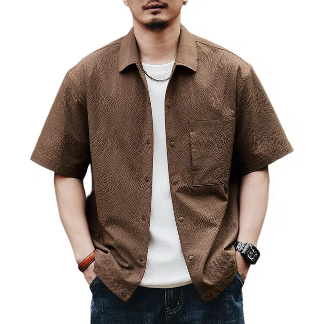 格蓝鹿 高端美式复古薄款凉感山系工装衬衣日系街头潮牌透气吸湿排汗户外露营机能港风短袖衬衫 男女同款