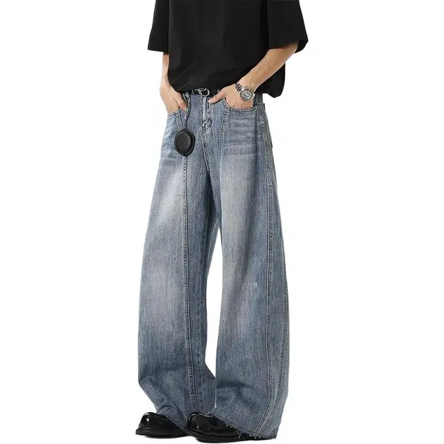 隐狼世家 美式水洗弯刀高街小众拼接水洗解构廓形直筒牛仔裤 男款