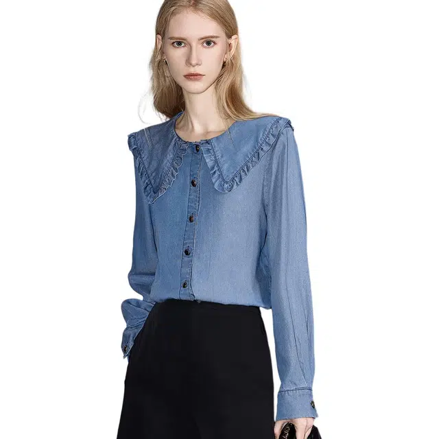 【dme】 纯色单排纽扣尖领牛仔长袖衬衫 女款 浅牛仔蓝