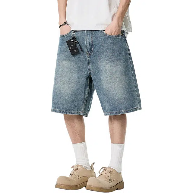 米素力 复古水洗潮流字母/数字/文字直筒裤中腰牛仔短裤 男款