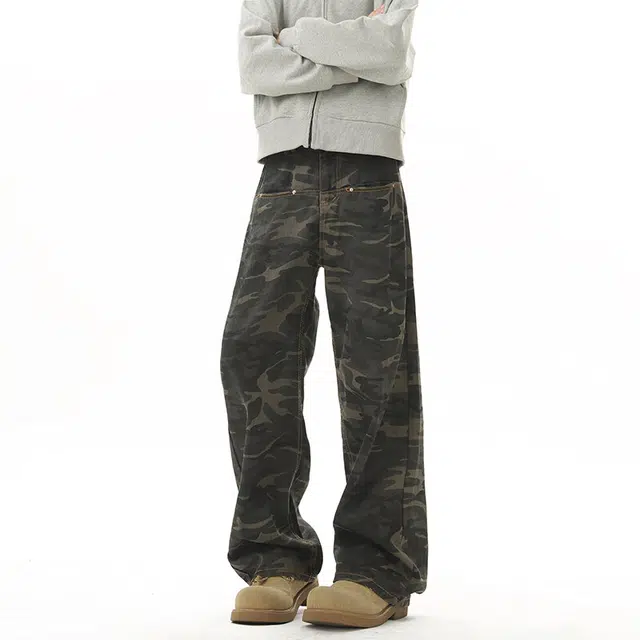 黑马漫画 美式复古高街工装直筒阔腿大码宽松裤子休闲裤 男女同款 迷彩