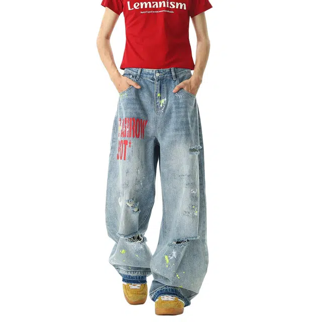 佐菲利 美式街头复古水洗宽松休闲设计感阔腿裤牛仔裤 男女同款