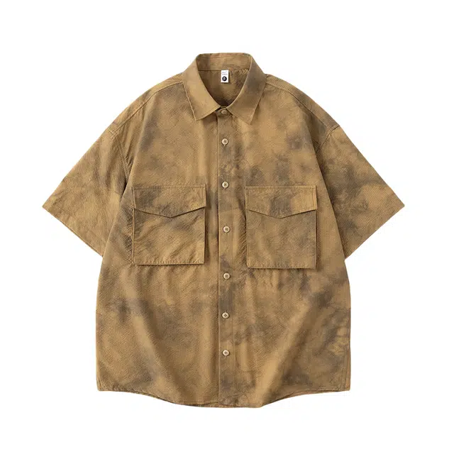 路杰邦 美式高端潮牌薄款宽松大码扎染帅气双口袋衬衣服短袖衬衫 男款