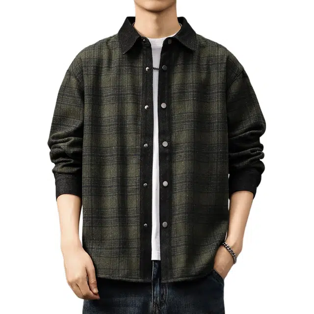 贵色 大码简约百搭耐脏休闲羊毛混纺外套男高级英伦复古痞帅格子长袖衬衫 男女同款