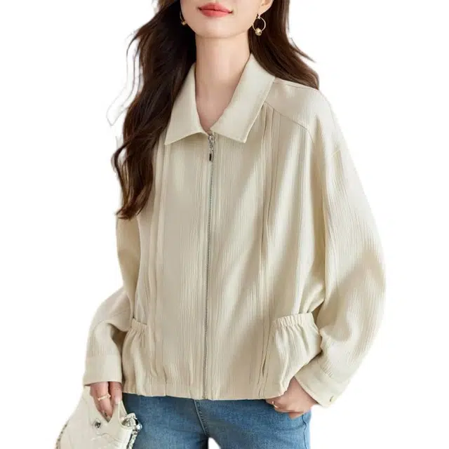 曲韩 高级感拉链外搭短截短外套 女款 杏色