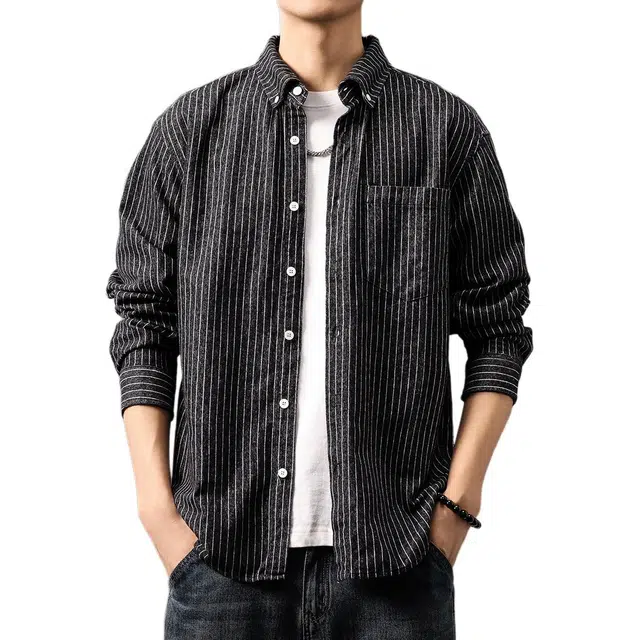 贵色 秋季 翻领大码休闲工装衬衣色织牛仔水洗美式复古轻熟风条纹纯色长袖衬衫 宽松型 男女同款