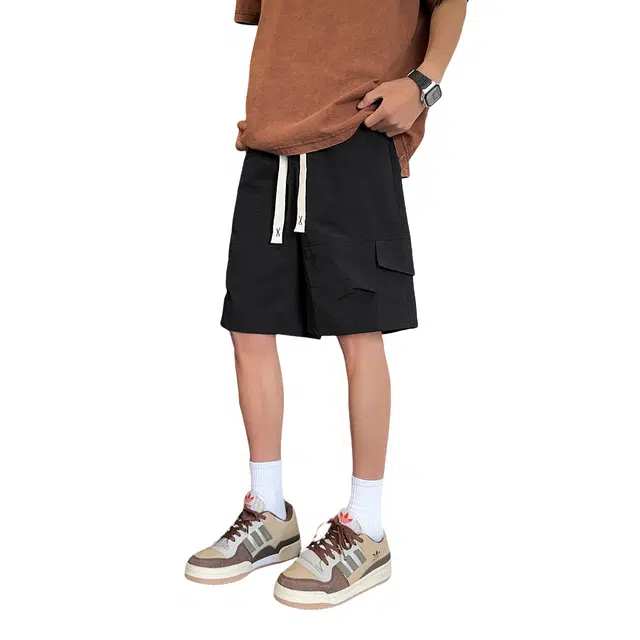 哲源 美式复古潮流时尚基础款直筒宽松大口袋百搭简约中腰纯色系带日常户外速干轻薄透气运动跑步健身通勤休闲短裤 男女同款