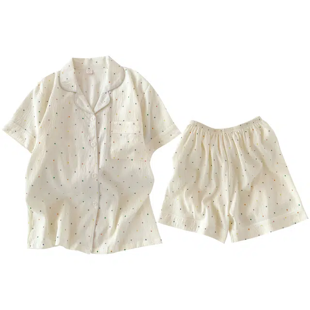 俏韵 翻领夏季云朵棉短袖短裤甜美波点薄款家居服可外穿睡衣套装 女款
