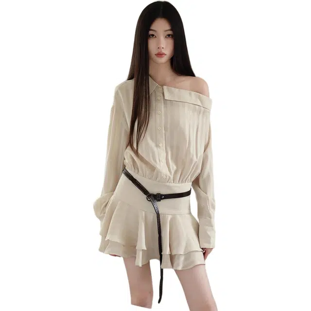 小卷要加油 条纹衬衫短款斜肩时尚小众设计感长袖连衣裙 女款