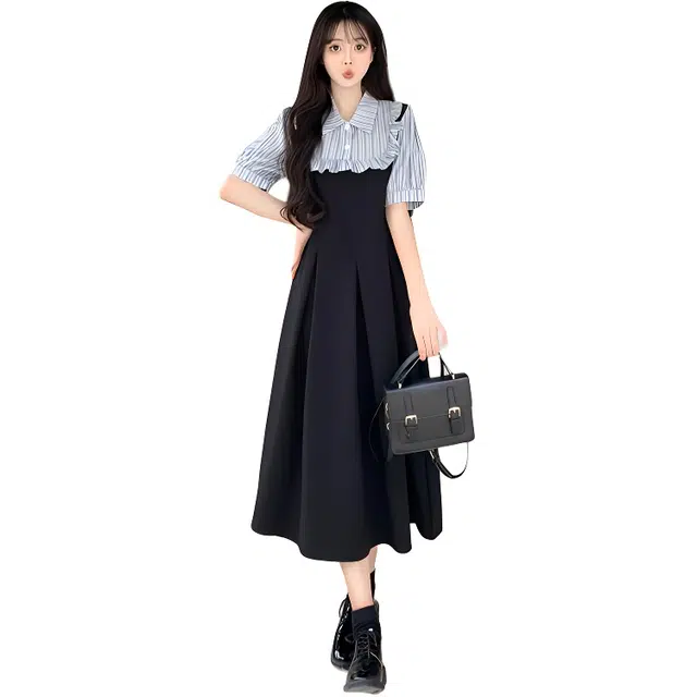 水中花 时尚拼接长裙夏季高级感微胖女显瘦修身收腰甜美可爱气质优雅简约百搭包臀裙短袖连衣裙 女款