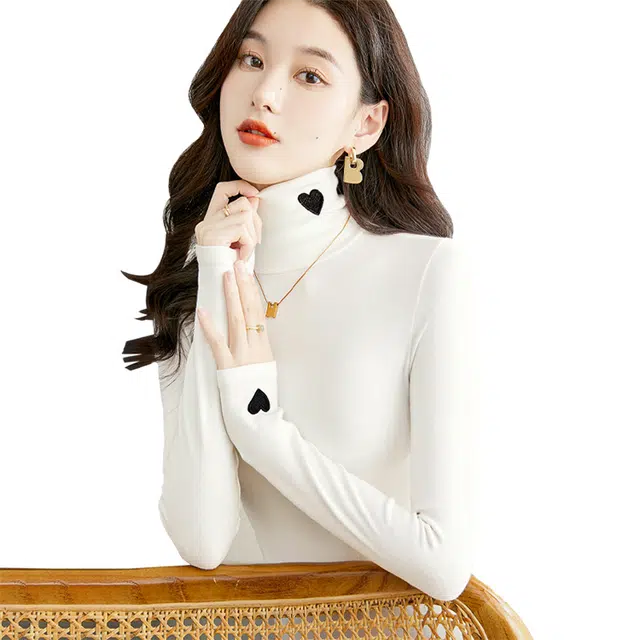 丝柏舍 高领修身显瘦打底衫简约撞色爱心图案长袖针织衫 女款