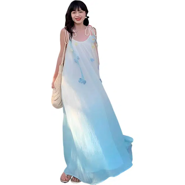 缪斯的诱惑 渐变度假风仙气重工裙立体花朵气质吊带连衣裙 女款