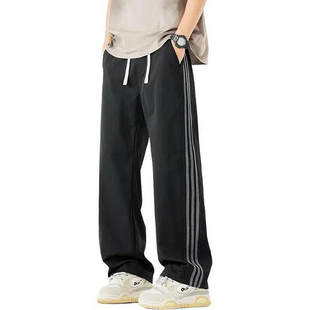 颂希尔 美式高街潮牌条纹薄款宽松直筒运动阔腿休闲裤 男女同款