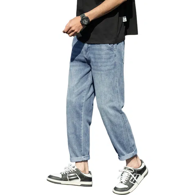 瑞梵帝斯 日常时尚高街百搭做旧复古休闲柔软亲肤水洗直筒阔腿九分牛仔裤 男款