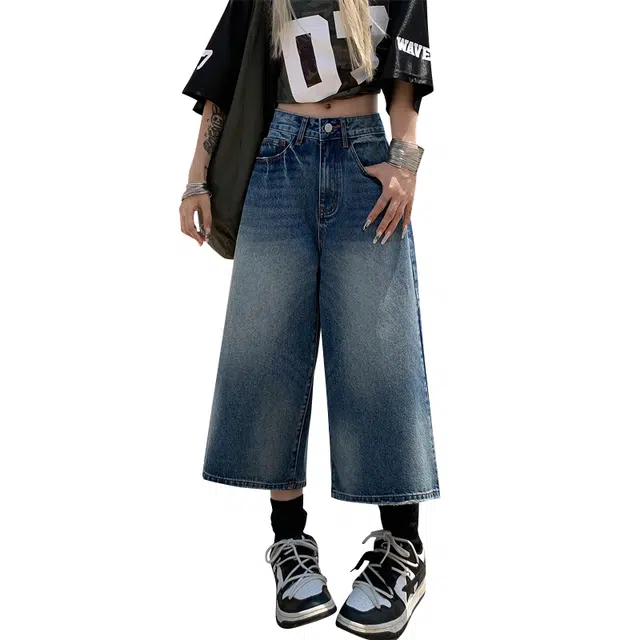 玫丝朵 美式复古高腰宽松阔腿牛仔短裤 女款